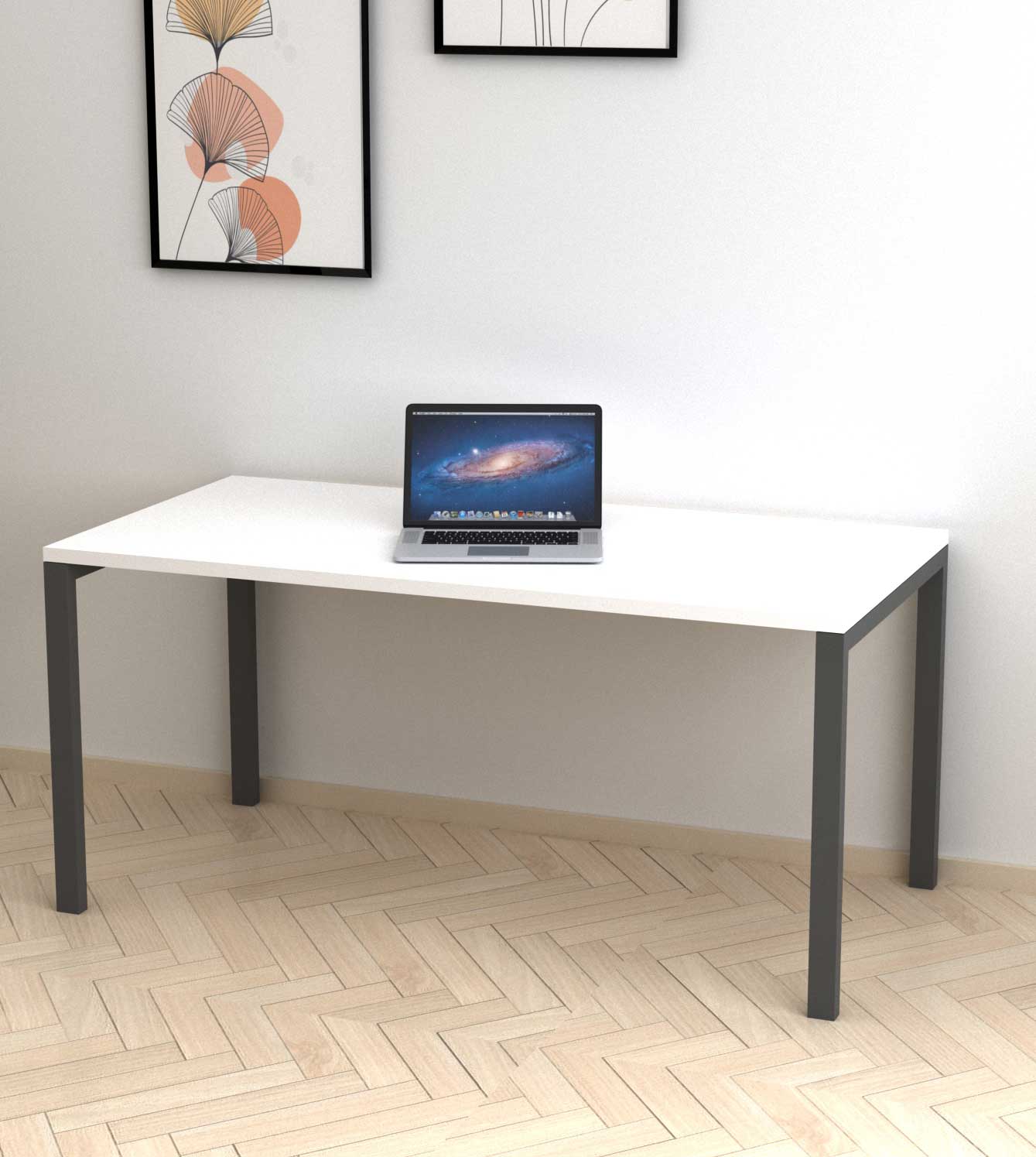 A Modern Desk manufactured using high Quality  metal legs and sturdy wooden tabletop with HPL layer which makes it strong and weather-resistant.